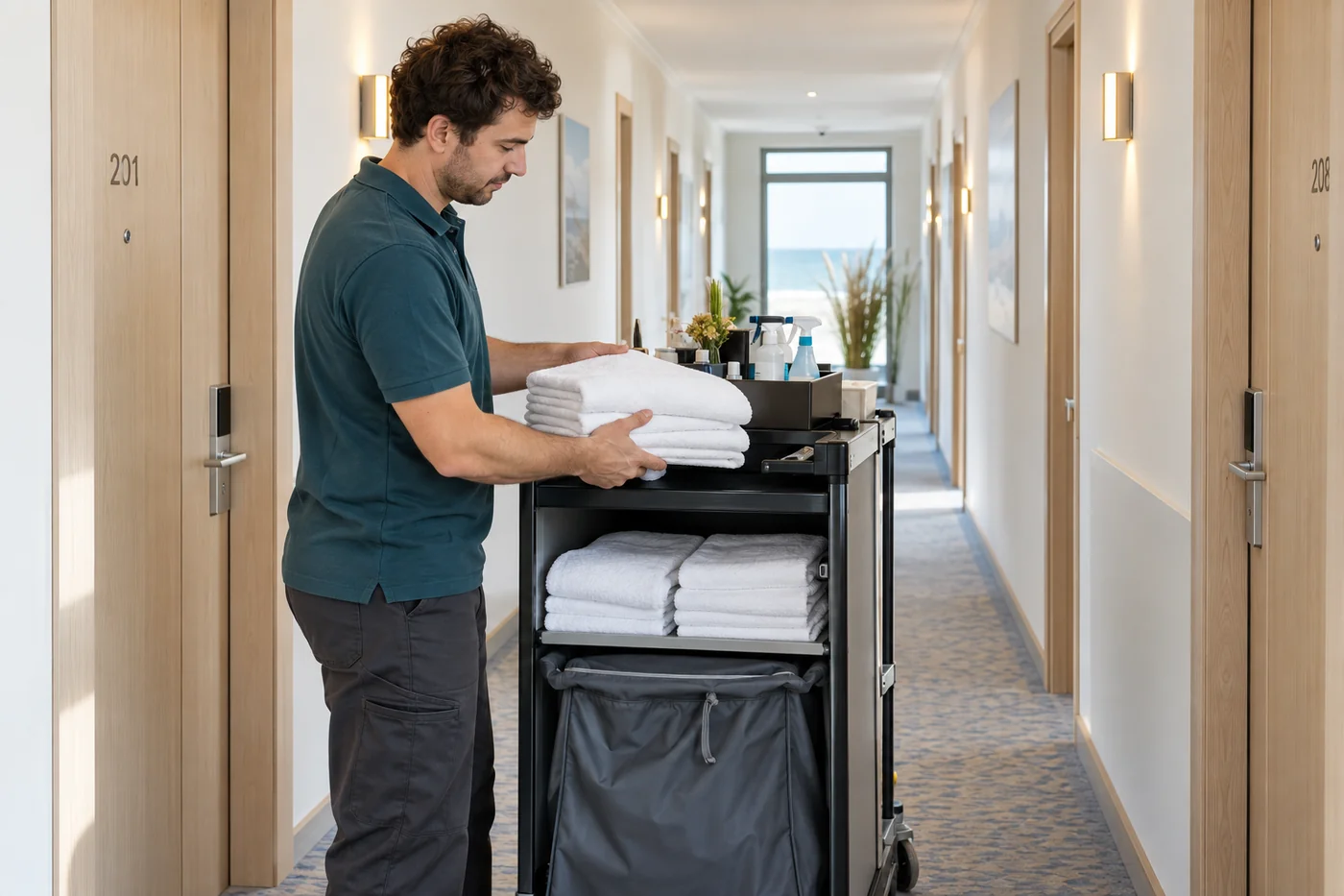 Mitarbeiter sortiert frische Handtücher auf einem Etagenwagen im Hotelflur.